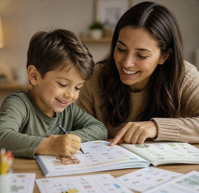 Mãe e filho estudando juntos